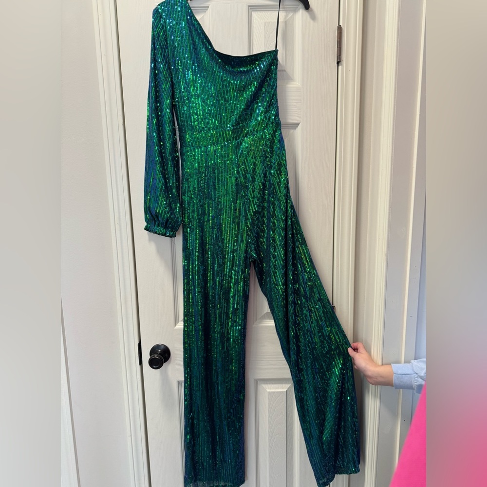 Green sequin part jumpsuit